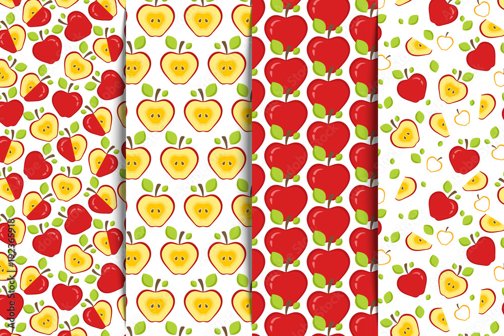 Set of four Seamless patterns with red whole and half  sliced apples on a white background. Fruit Background for print. Vector illustration 