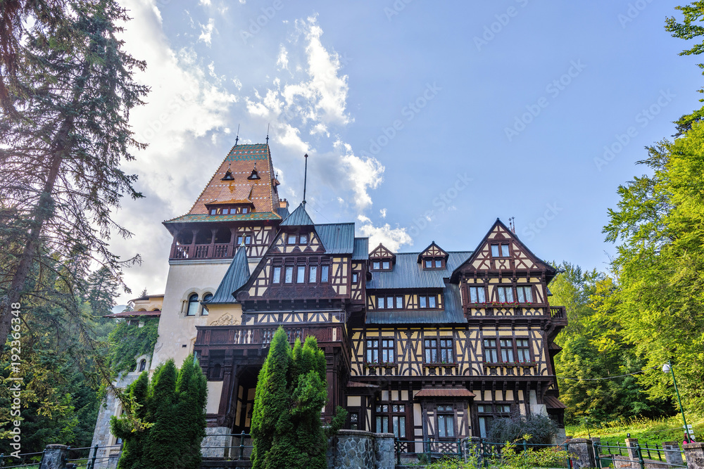 Daylight view from bottom to Pelisor castle situated next to the Peles castle