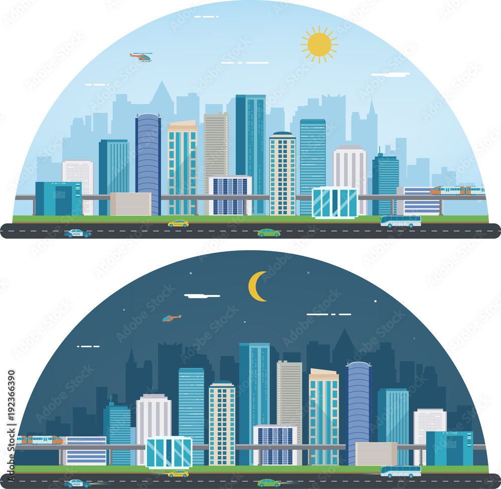 Day and night urban landscape. Modern city. Building architecture, cityscape town. Vector