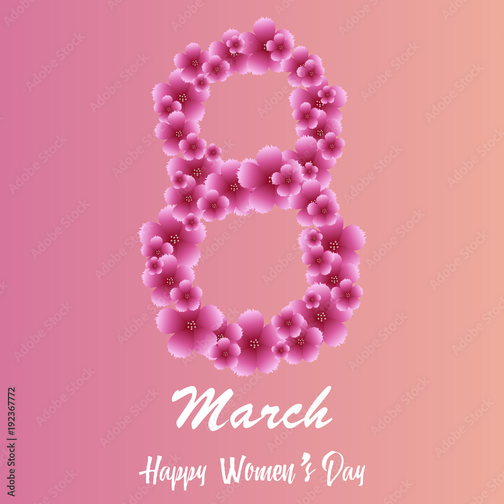 8 March. Happy Women's day greeting card with colorful flowers. Vector