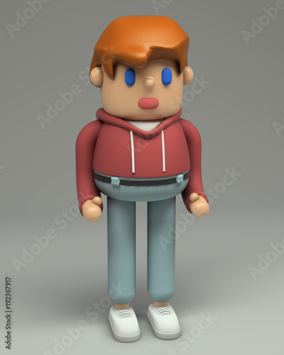 3d rendering of redhead young man in t-shirt, red hoodie, jeans and sneakers. Cartoon stylized 3d character illustration. Cute figure in full growth isolated on grey background.