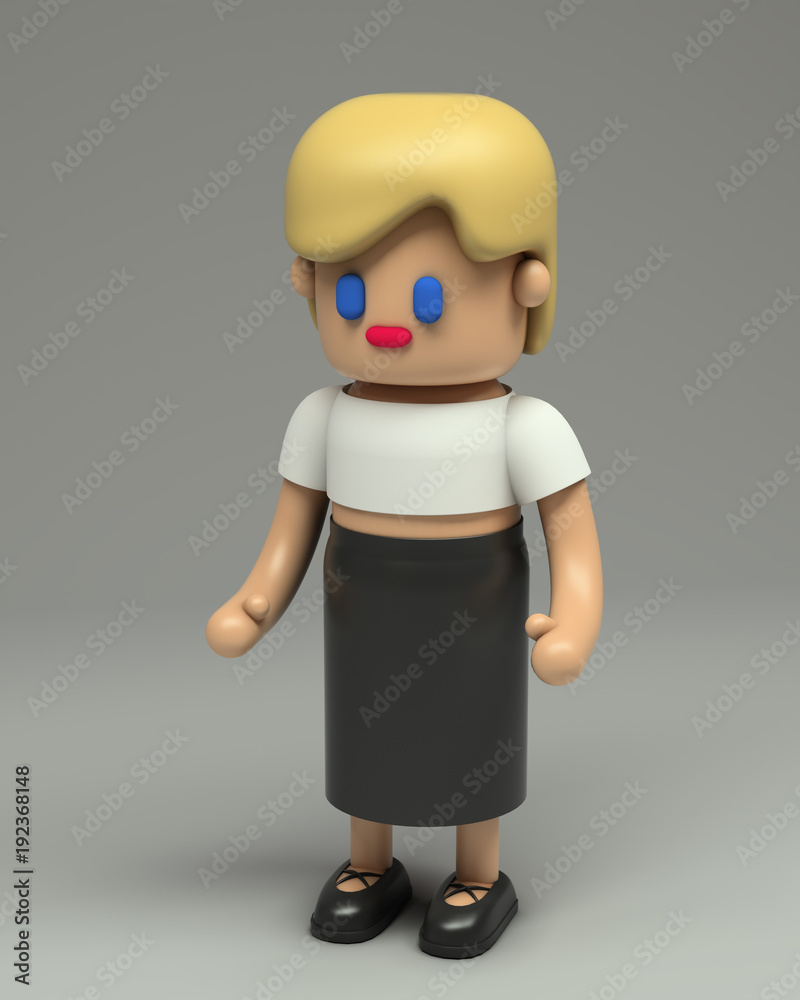 3d rendering of little girl with blonde hair in white crop top and black  skirt. Cartoon stylized 3d character illustration. Cute figure in full  growth isolated on grey background. Stock Illustration |