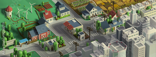 Plakat 3d rendering miasto krajobraz. Low poly kolorowe tło. Izometryczny kreskówka miasto scape. Różne dzielnice: proste wiejskie domki i pola, domy i sklepy, centrum z drapaczami chmur.