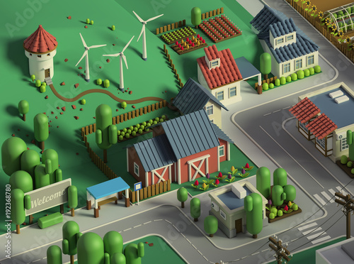 3d rendering of city landscape. Low poly colorful background. Isometric cartoon city scape. Different districts: simple rural cottages and fields, houses and stores, downtown with skyscrapers..