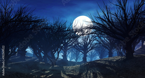 3d rendering of enchanted dark forest in the moonlight. Fantasy landscape with dried dead  trees without leaves. Dark mysterious night scene, background for Halloween poster.