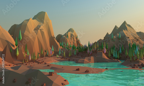 3d Low poly landscape whith mountains and water at foreground photo