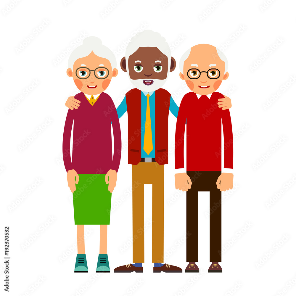 Group older people. Three aged people black and white. Elderly men and women stand together and hug each other. Illustration in flat style. Isolated Group older people. Three aged people black and white. Elderly men and women stand together and hug each other. Illustration in flat style. Isolated