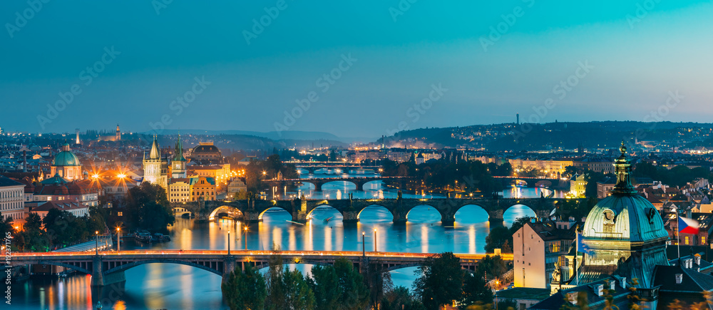 Prague, Czech Republic. Evening Panoramic View Of Evening Cityscape