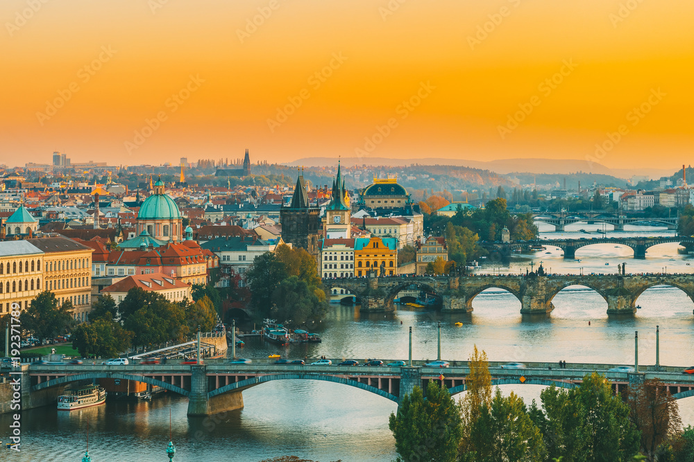 Prague, Czech Republic. Evening Cityscape In Sunset Time. Charles