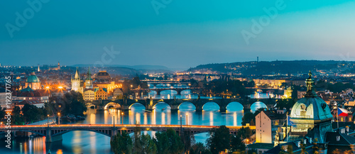 Prague, Czech Republic. Evening Panoramic View Of Evening Cityscape photo