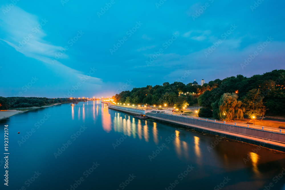 Scenic Evening View Of Sozh River, Illuminated Embankment, Park,