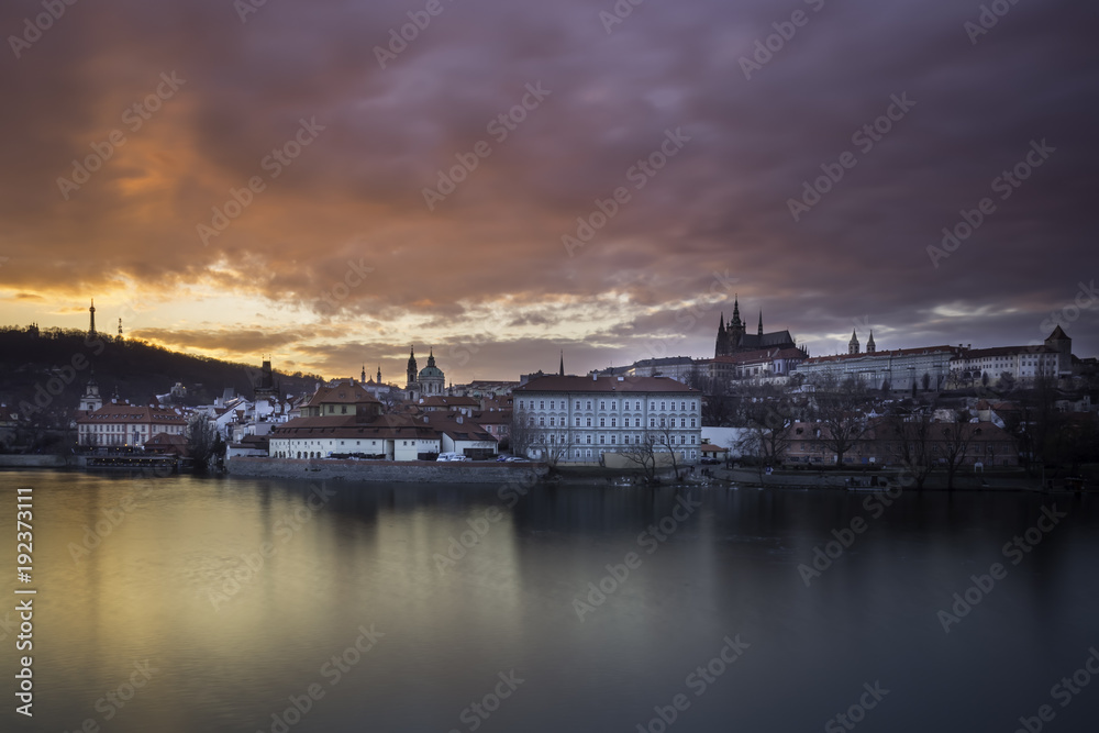 Winter sunset over the panorama of the city of Prague