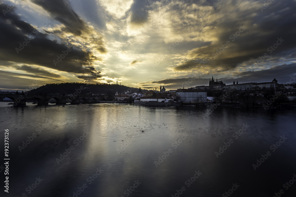 Winter sunset over the panorama of the city of Prague