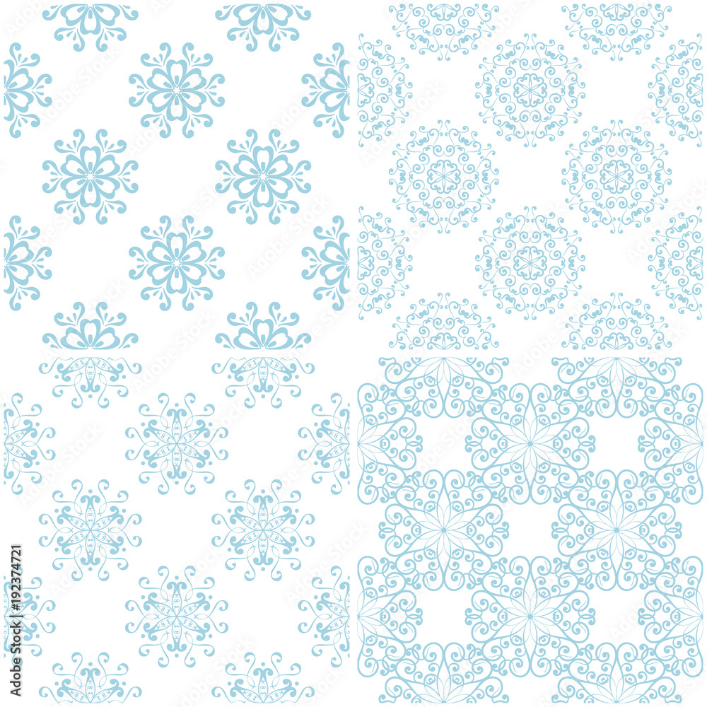 Floral patterns. Set of light blue elements on white. Seamless backgrounds Floral patterns. Set of light blue elements on white. Seamless backgrounds
