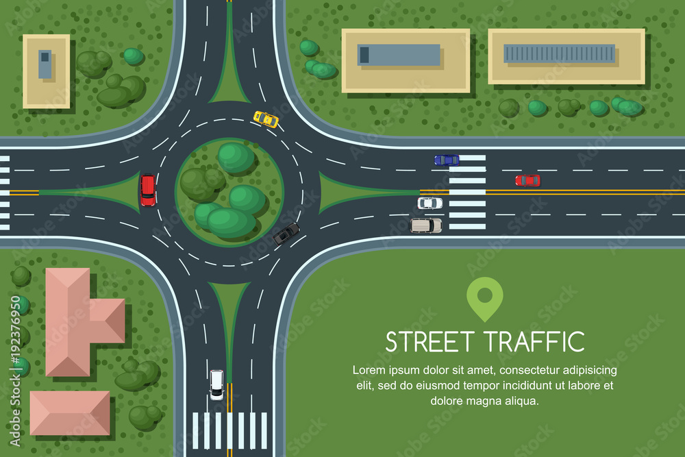 Naklejka premium Roundabout road junction and city transport, vector flat illustration. City road, cars, crosswalk, trees and house top view. Street traffic, automobiles and transport design elements.