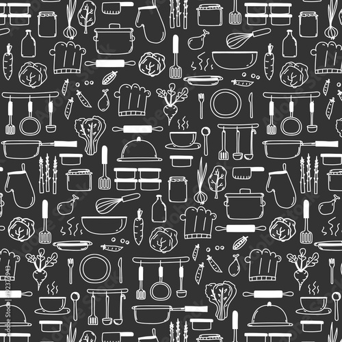 Pattern With Line Hand Drawn Doodle Vector Cooking Set Include Cooking Equipment & Raw Materials. Vector Illustration.