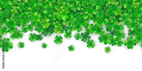 Patricks Day seamless background with four green clover heap with shadows