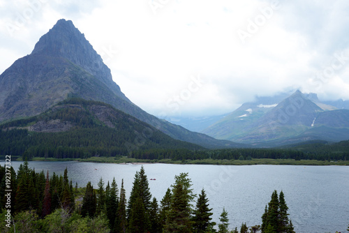 Waterscape with mountains and fog in the Grand Tetons National Park.