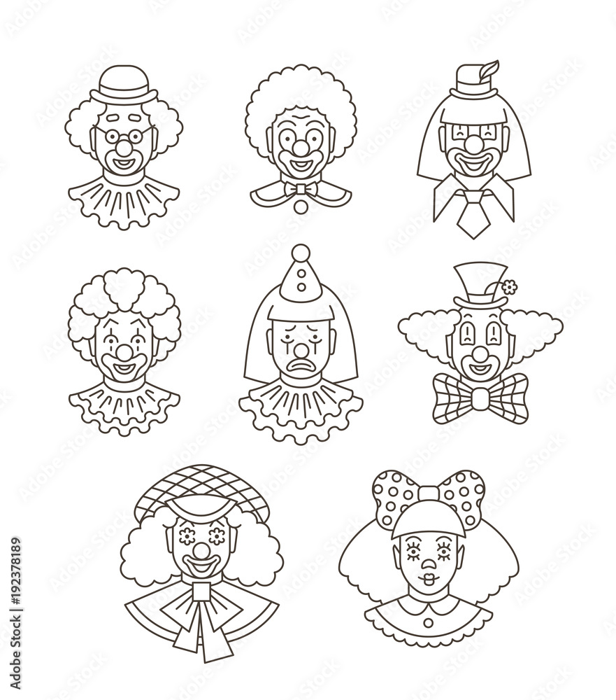 Clown faces different thin line avatars. Vector flat linear icons. Cartoon illustration. Circus men and girl smiling outline portraits with different makeup, hair and hats