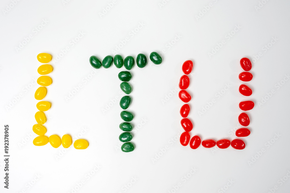 LTU (Lithuania) letters. Composed of colorful sweets LTU (Lithuania) letters. Composed of colorful sweets