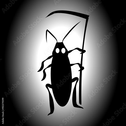 Cockroach Death. Vector illustration for insect control services. Terrible mystical mystery.