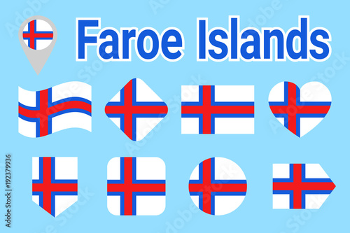Faroe Islands vector flag set, Faroese national flags collection. Flat isolated icons. Country name in traditional colors. Illustration. Web, sports pages, travel, geographic, cartographic design