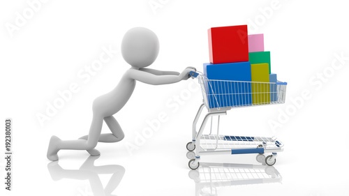 3d man push the shopping cart with boxes