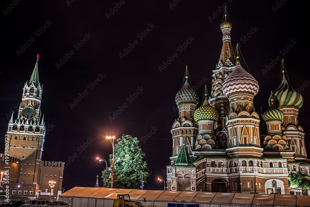 Famous Saint Basil's Cathedral and Kremlin illuminated in the Evening, Red Square, Moscow, Russia