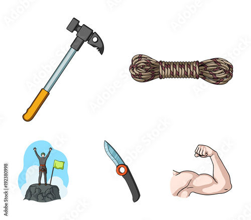 Climber on conquered top, coil of rope, knife, hammer.Mountaineering set collection icons in cartoon style vector symbol stock illustration web.