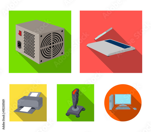 Power unit, dzhostik and other equipment. Personal computer set collection icons in flat style vector symbol stock illustration web. photo