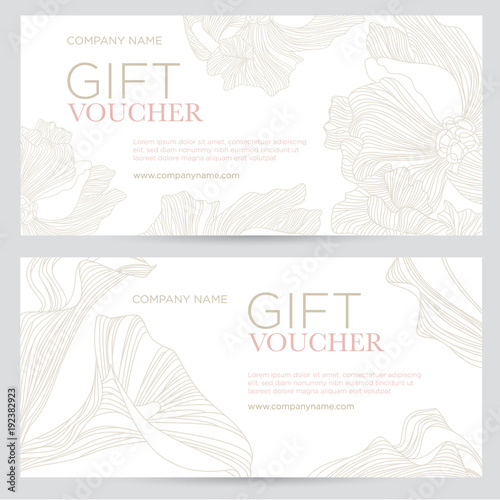 Gift voucher. Elegant festive gift coupon with gold flowers on a white background. Vector template for gift card, coupon and certificate for a spa, beauty salon, shops and restaurants