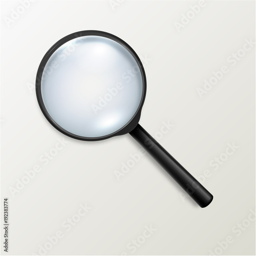 Photo-realistic vector 3d black magnifying glass or Loup icon closeup isolated on white background. Design template for graphics