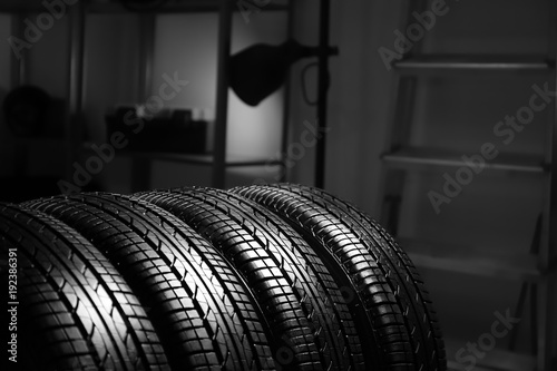 Car tires in automobile service center  closeup