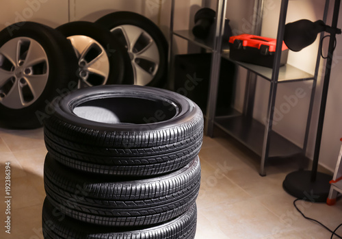 Car tires in automobile service center