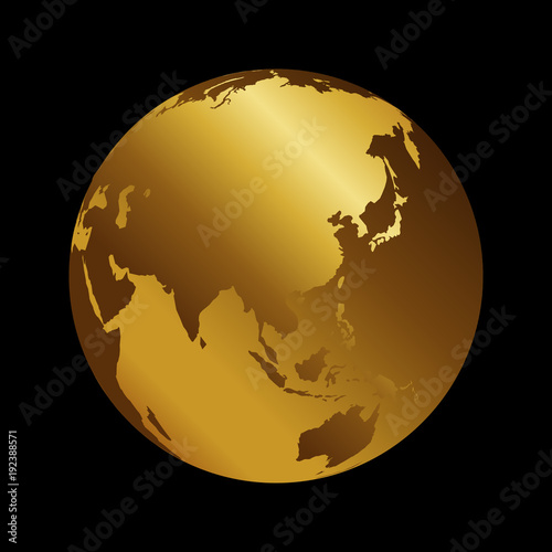 Asia golden 3d metal planet backdrop view . Russia, India and China world map vector illustration on black background