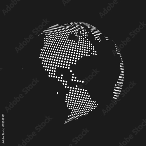 White dotted 3d earth world map globe in black background. Vector illustration