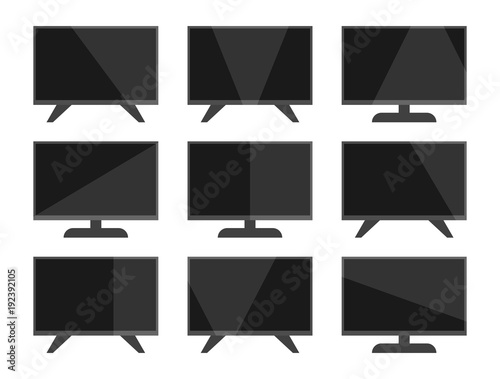 TV icon set, simple television design, monitor with long shadow, modern flat screen, black isolated on white background, vector illustration.