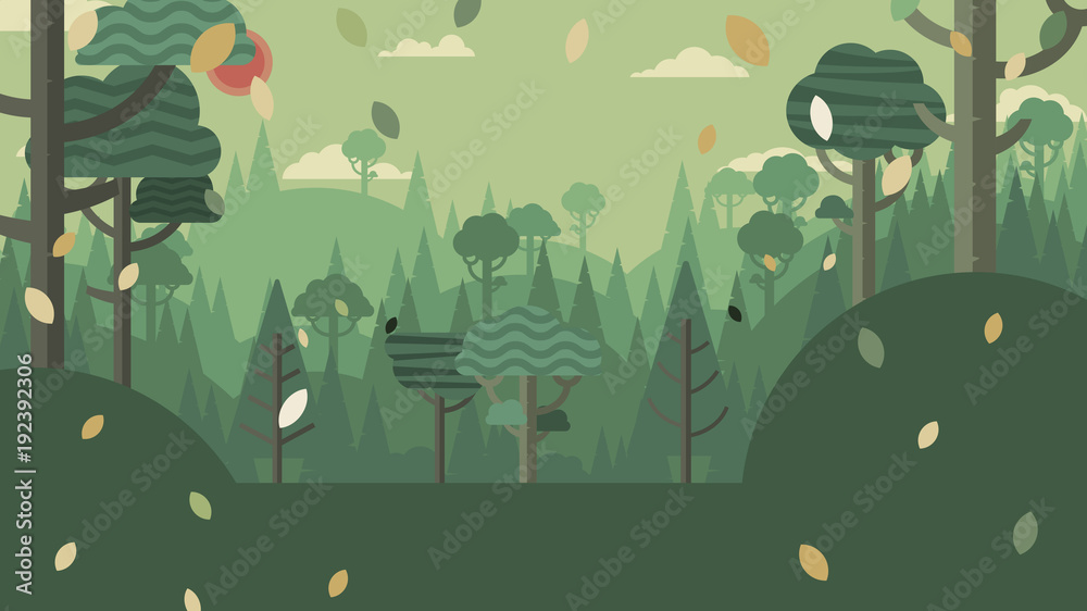 Obraz premium Zielona sylwetka las i góry krajobraz streszczenie tło. Płaska konstrukcja koncepcja ochrony przyrody i środowiska. Ilustracja wektorowa.