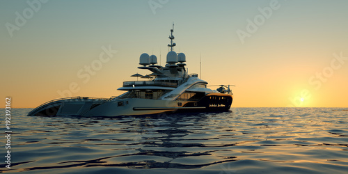 Extremely detailed and realistic high resolution 3D illustration of a luxury super yacht with a helicopter, a swimming pool and a jacuzzi