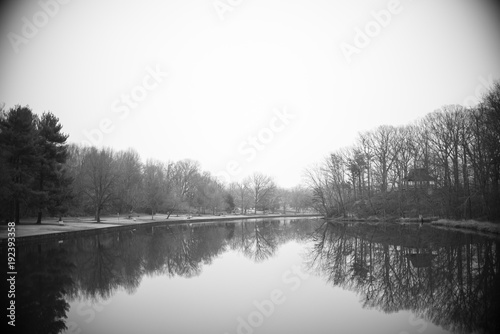 black and white landscape over lake 