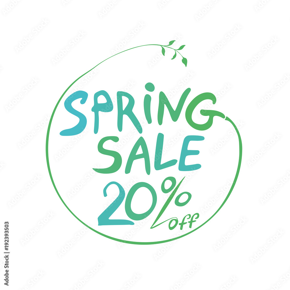 Fototapeta premium Spring Sale 20% off hand drawn inscription round symbol. Vector green handwriting template. 