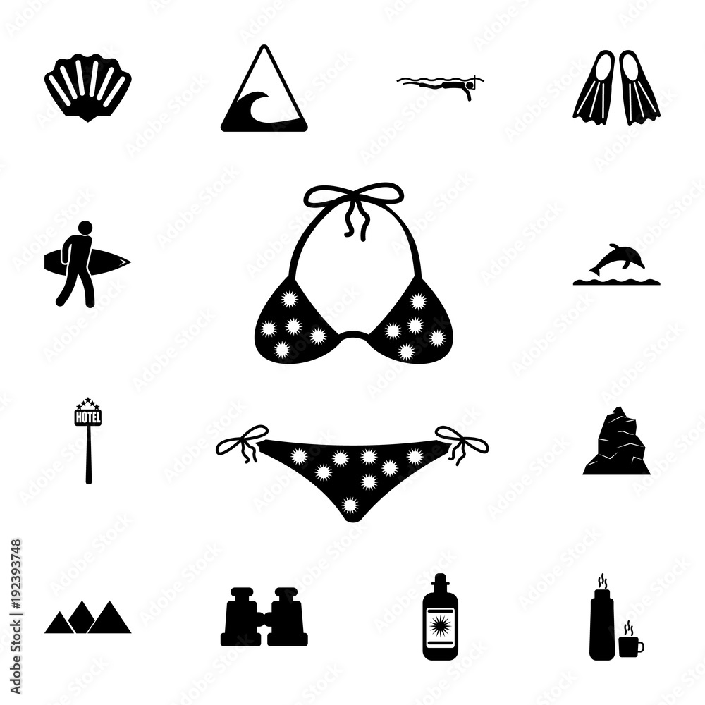 Bikini swimsuit icon. Set of tourism icons. Signs of collection, simple icons for websites, web design, mobile app, info graphics