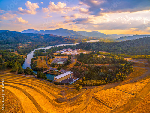 Scenic aerial view of Eildon Dam and Goulburn River at golden sunset