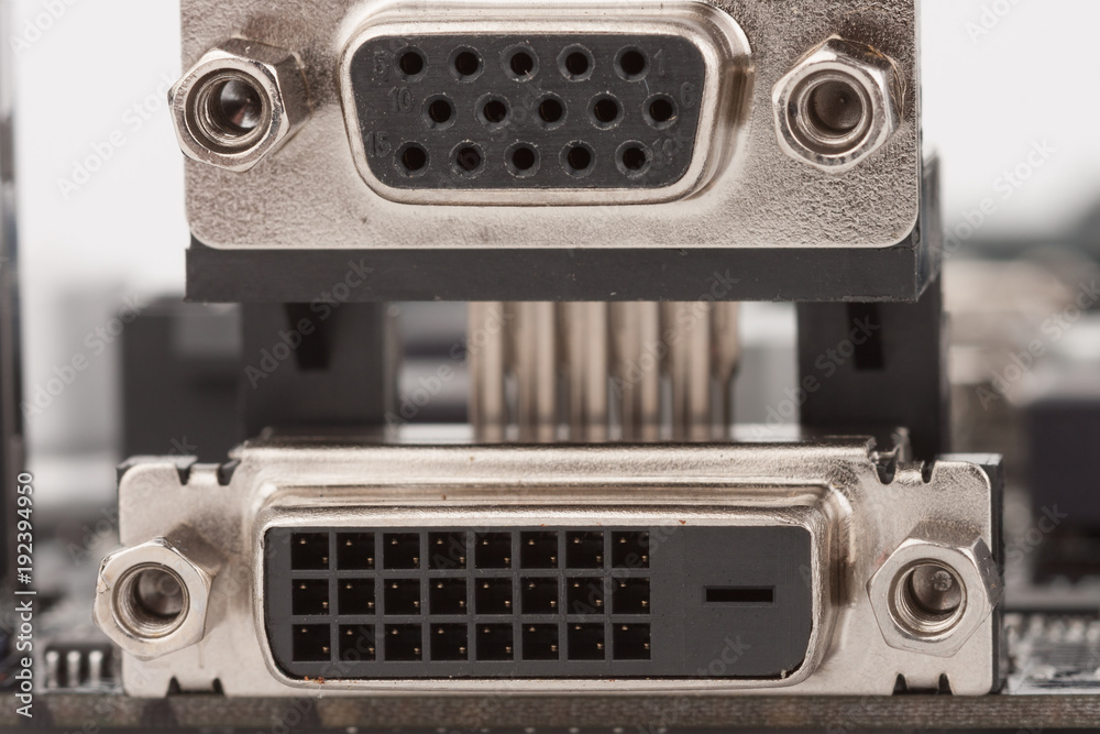 Video graphics adapter, VGA port and DVI-D port on motherboard. Stock Photo  | Adobe Stock