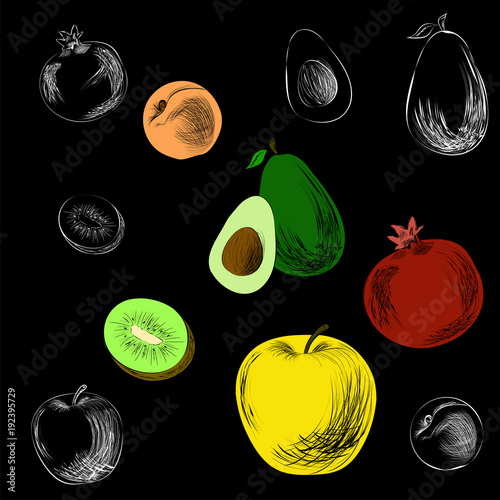 Set of fruits drawn by hand on a black background