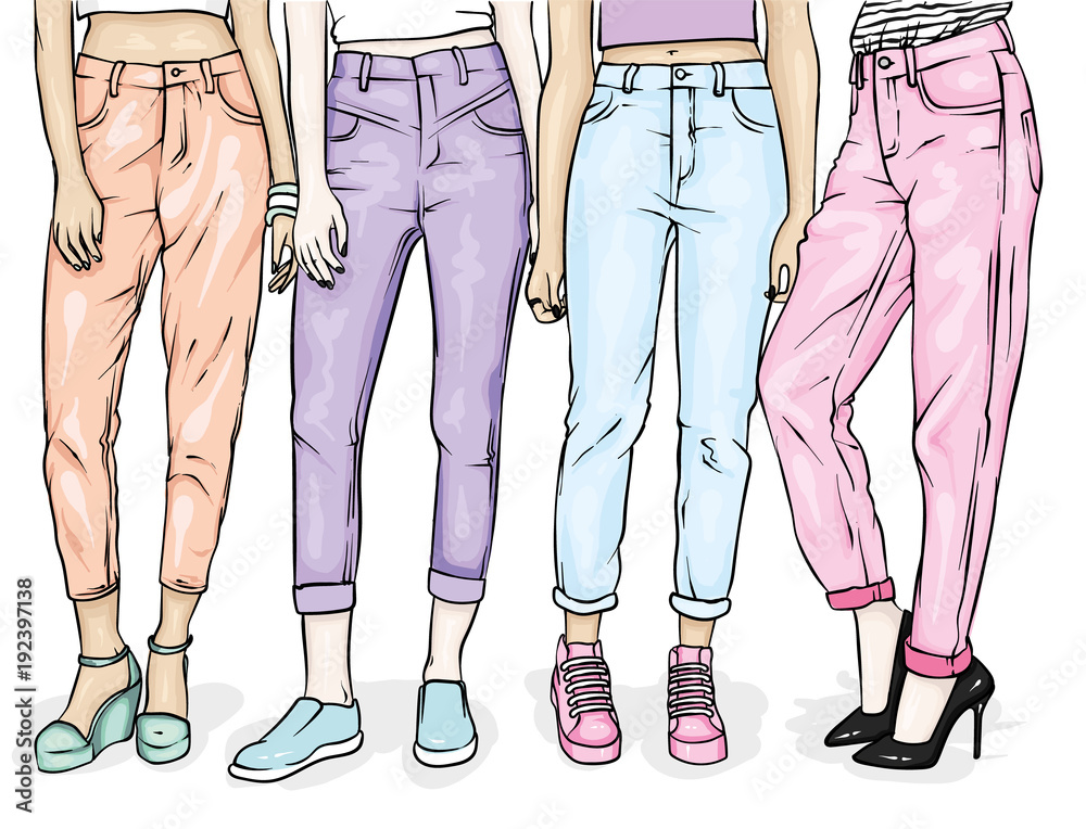 Girls in stylish jeans and shoes. Slender female feet. Vector illustration  for a postcard or a poster, print for clothes. Fashion, style, clothing and  accessories. Pants with a variety of prints. Stock