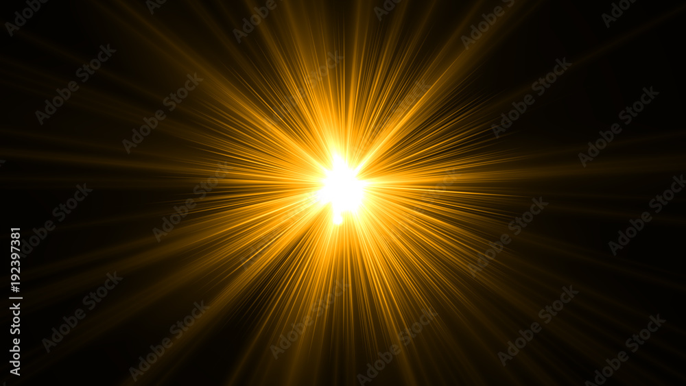 glowing abstract sun burst with digital lens flare.can your adjust the color of the light rays using adjustment layer like Gradient Selective Color, and  create sunlight, optical flare  - obrazy, fototapety, plakaty 