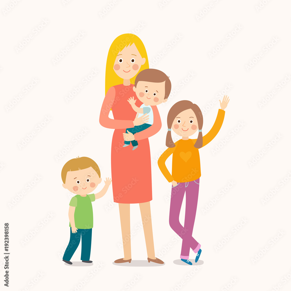 Young mother standing with her three children. Happy family. Cartoon vector eps 10 illustration isolated on white background. Young mother standing with her three children. Happy family. Cartoon vector eps 10 illustration isolated on white background.