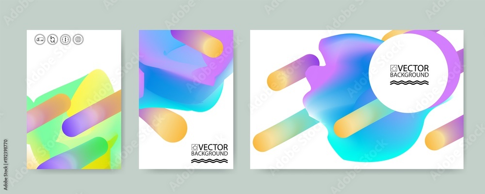 Marble cloud hologram backgrounds set, placards with abstract liquid bubbles shapes, geometric style flat and 3d design elements.