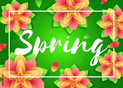Spring flowers background. Abstrack season orchid flowers and lettering on blur background. Fresh design for flyers, invitation, posters, brochure, voucher, sale poster or banner. Vector illustration.